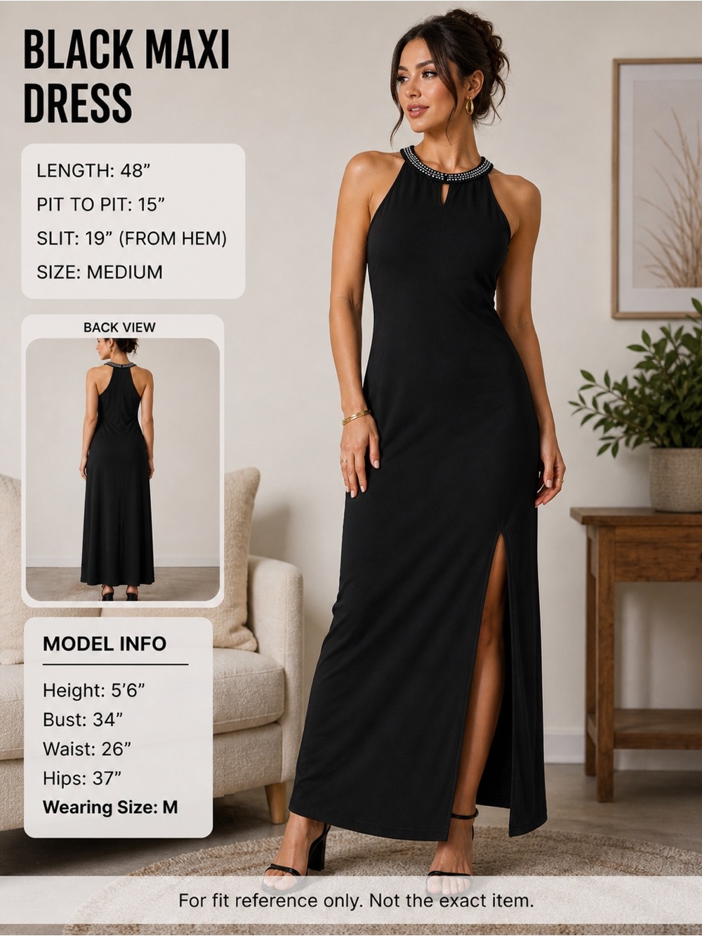 Black Halter Maxi Dress Slit Sleeveless Bodycon Medium Elegant